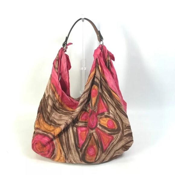 Auth CELINE scarf bag Hand Bag Shoulder Shoulder Bag silk / Leather pink/Brown